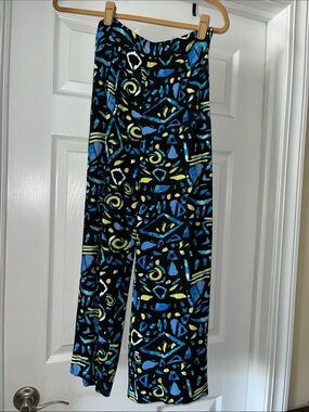 Chico's Black Pants with Blue and Yellow Abstract Pattern
